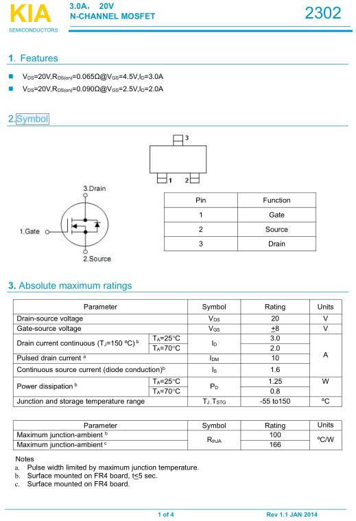 mos管KIA2302 3.0A/20V原廠(chǎng)供貨及PDF產(chǎn)品詳細資料-KIA MOS管