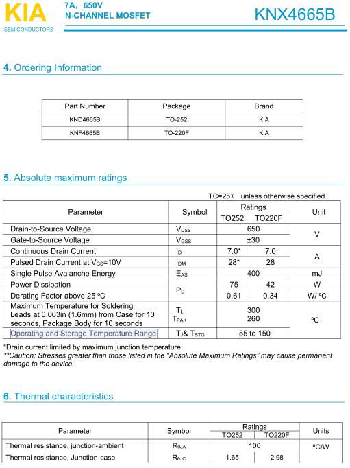 KNX4665B 650V7A MOS管規(guī)格書