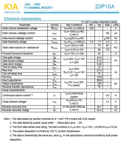 KIA23P10A -100V-23AMOS管
