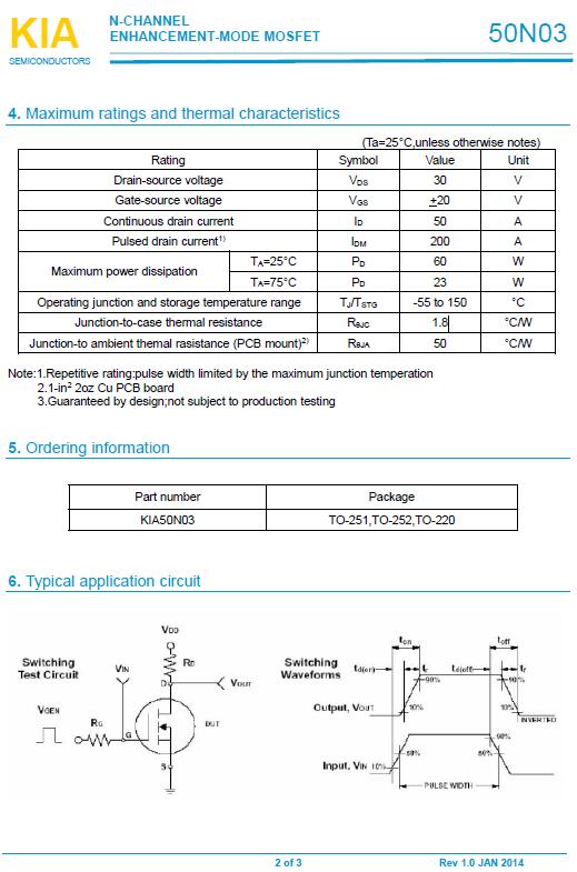 KIA50N03A,50A/30V,MOS管