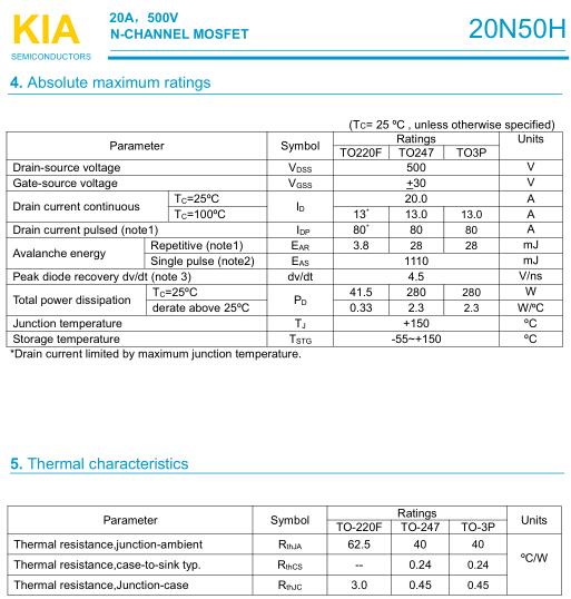 KIA20N50H 500V20A規(guī)格書