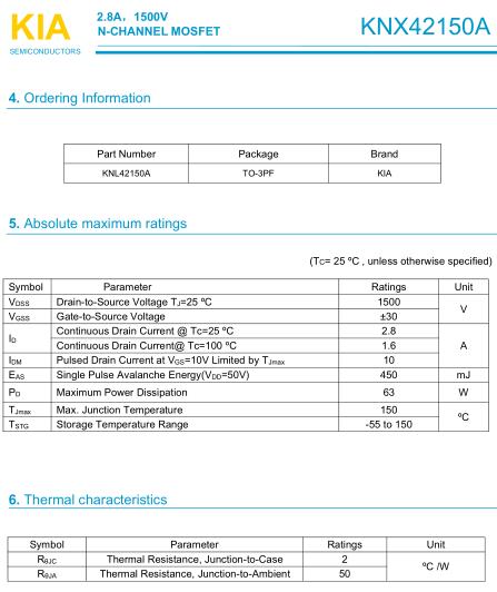 開(kāi)關(guān)電源MOS管,KNX42150A,2.8A/1500V