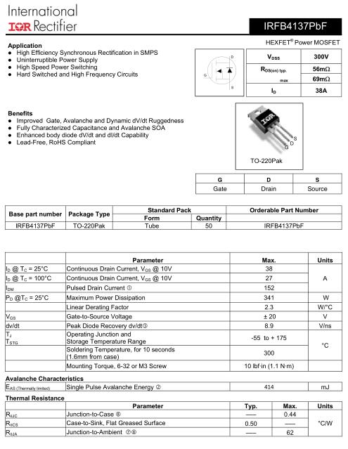 MOS管 IRFB4137 38A/300V規格書(shū)-IRFB4137封裝|品牌-KIA MOS管