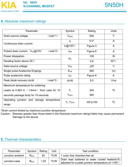 500V5AMOS管參數(shù) KIA5N50H