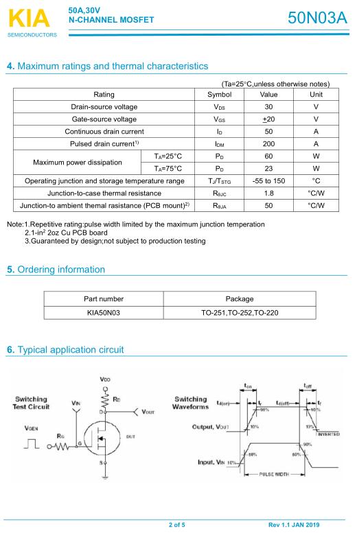 智能水果杯MOS管 KIA50N03A 50A/30V規格書(shū)-原廠(chǎng)供貨 免費送樣-KIA MOS管