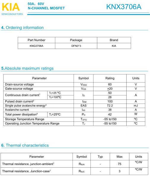 KNX3706A 60V50A N溝道MOSFET