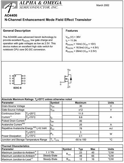 AO4406,AO4406參數,AO4406規格書(shū),11.5A/30V