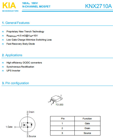 5G通訊基站保護板專(zhuān)用MOS管,KNX2710A,160A/100V