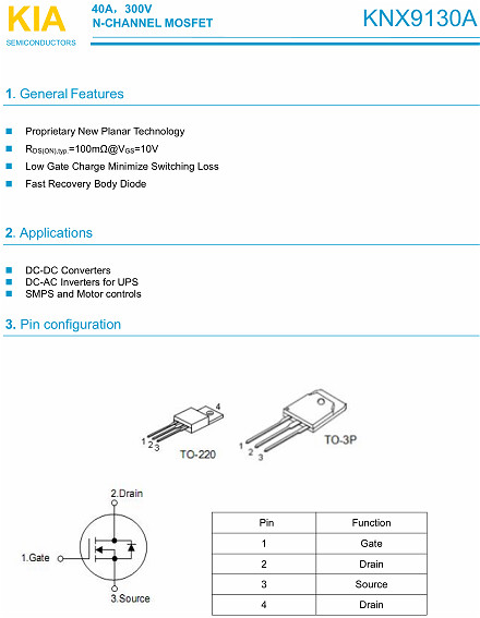 逆變器110V輸出專(zhuān)用MOS管,KNX9130A,40A/ 300V