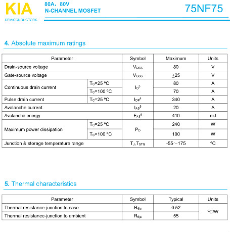 IRFB3607代替MOS管 KIA75NF75