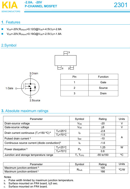 MOS管2301 -2.8A-20V