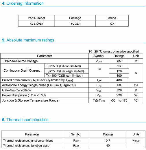 MOS管120A85V KCX3008A參數(shù)