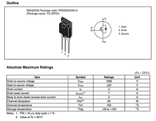 MOS管瑞薩2SK2225參數(shù)|MOSFET1500V2A高速功率轉(zhuǎn)換-KIA MOS管