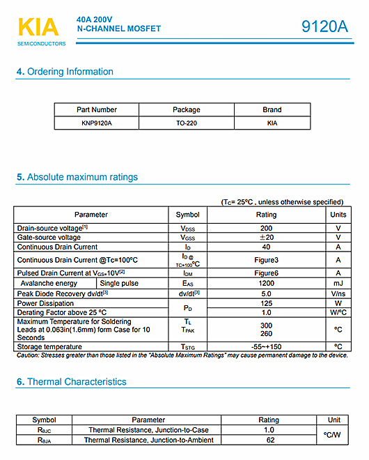 MOS管，KIA9120A，200V40A資料