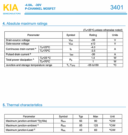 MOS管，KIA3401，-30V-4.0A