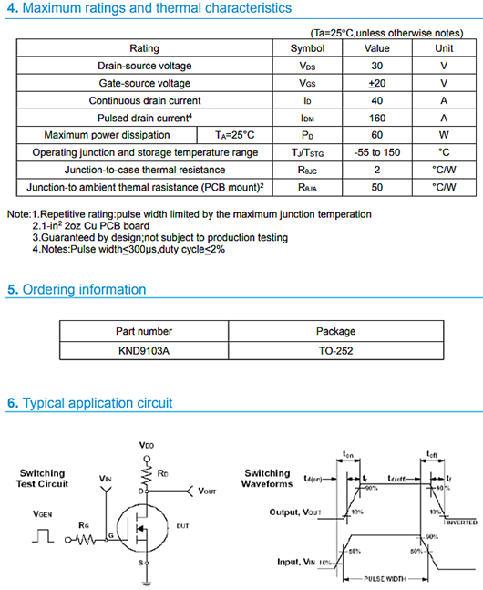 MOS管30V40A KNX9103A參數(shù)資料