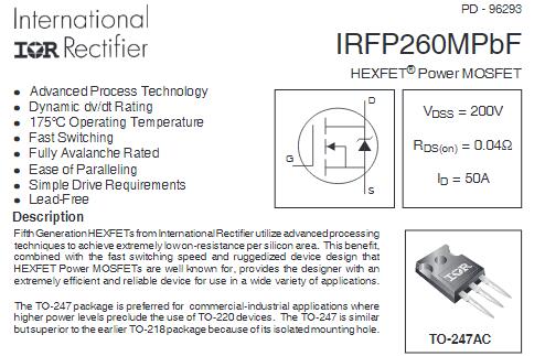 irfp260場效應(yīng)管參數(shù),irfp260代換,逆變器MOS管-KIA MOS管