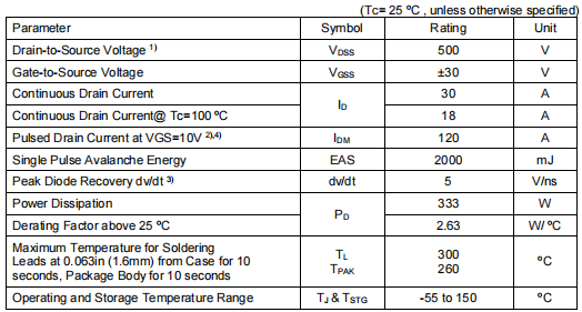 30n50場效應(yīng)管參數(shù)